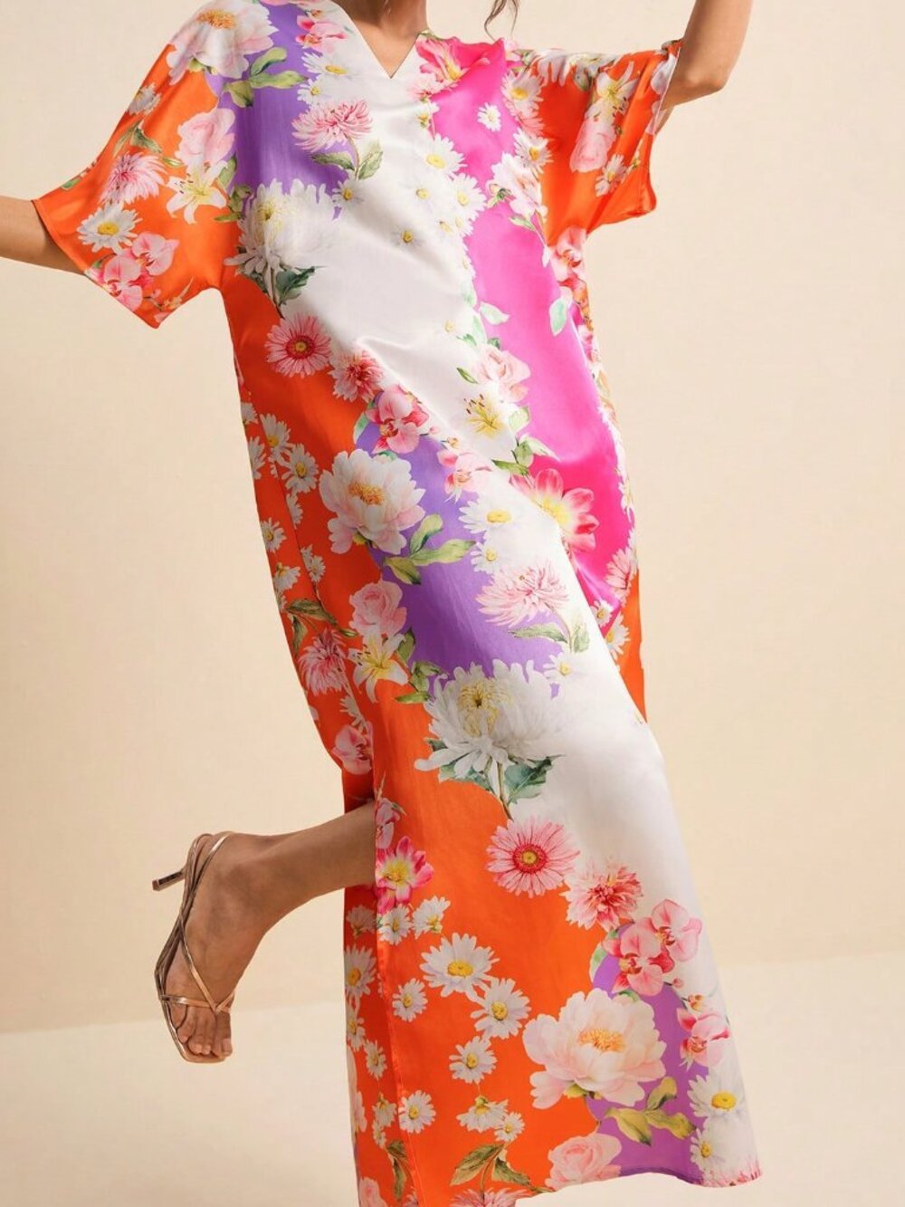 Multicolor Boho Tropical Floral Women's V-Neck Short Sleeve Printed Dress - Picture 7 of 8